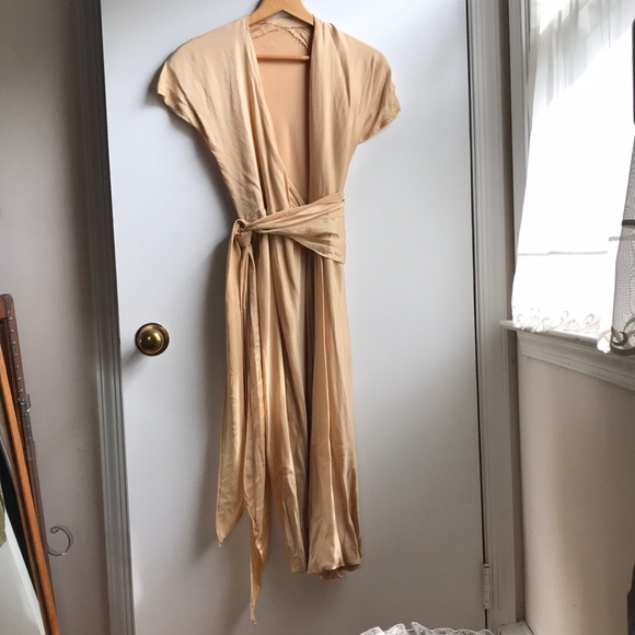 Vintage Dresses & Skirts - Vintage Silk Wrap Dress W/ Silk Scarf Sash deep V plunge & high slit size Sm/XS